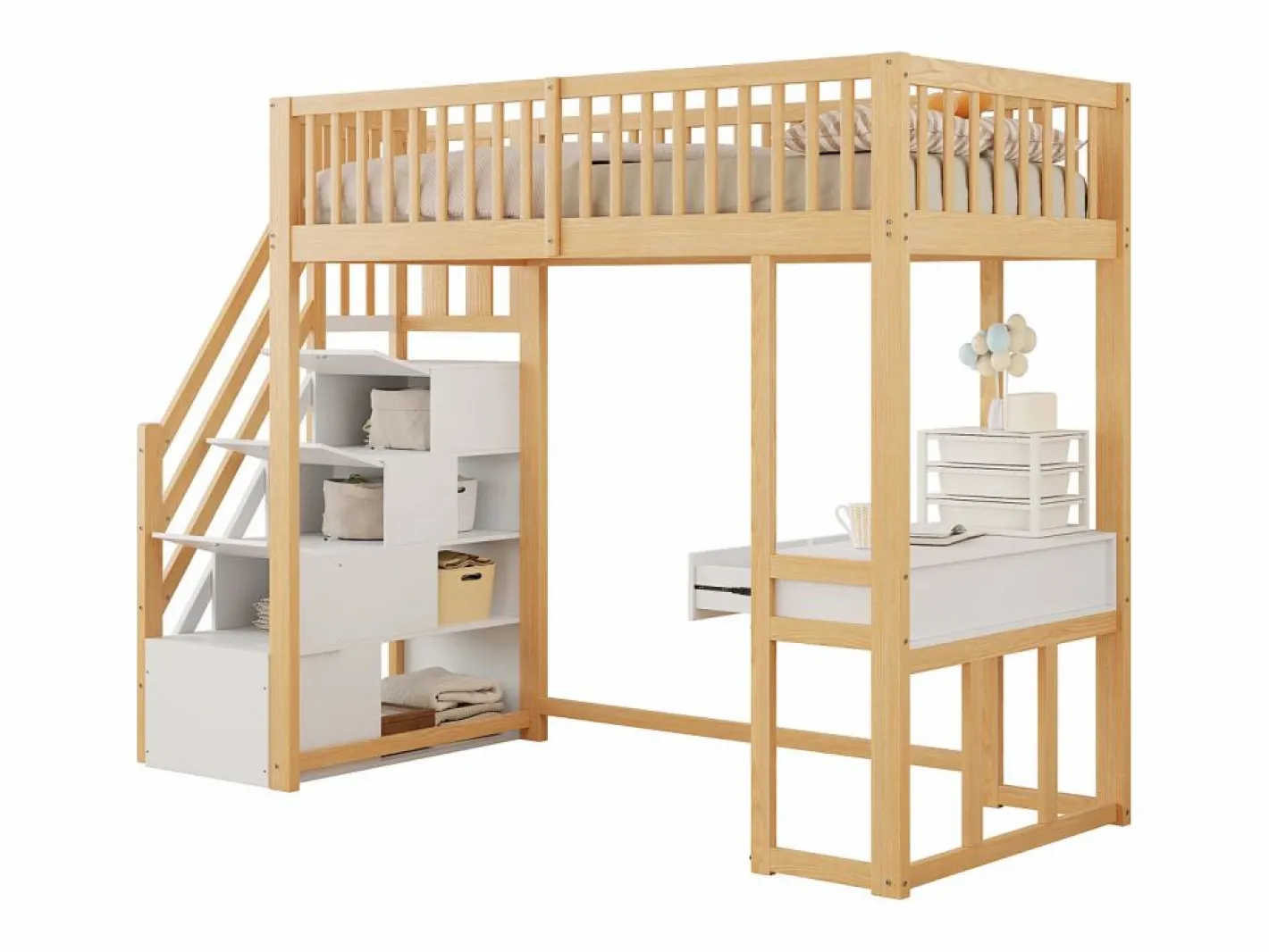 ModernLuxe Cama entrepiso de madera 90x200 cm - con mesa y escalera de almacenamiento - Natural y Blanco Color natural claro / Blanco Online