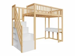 ModernLuxe Cama entrepiso de madera 90x200 cm - con mesa y escalera de almacenamiento - Natural y Blanco Color natural claro / Blanco Online