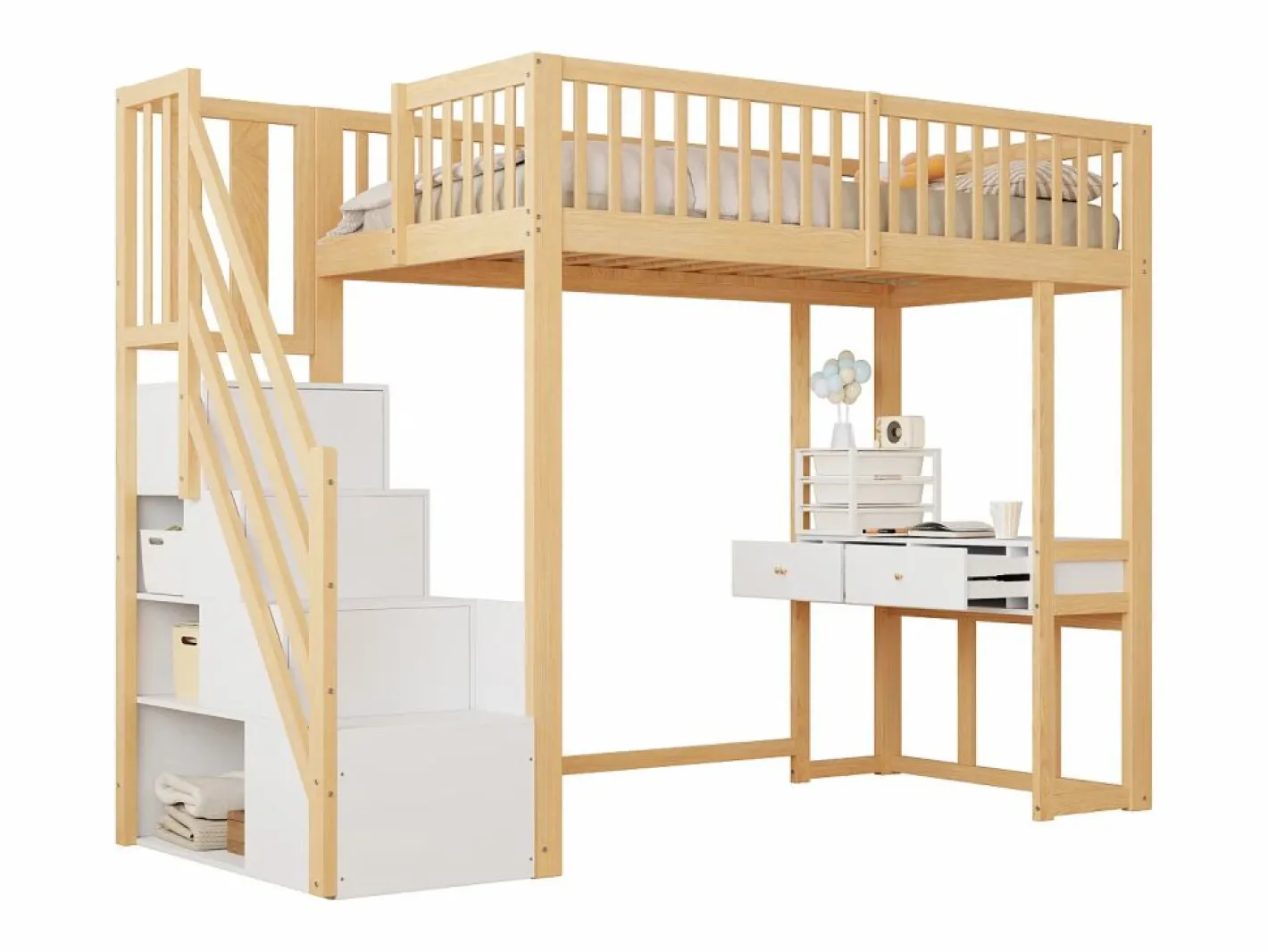 ModernLuxe Cama entrepiso de madera 90x200 cm - con mesa y escalera de almacenamiento - Natural y Blanco Color natural claro / Blanco Online