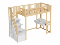 ModernLuxe Cama entrepiso de madera 90x200 cm - con mesa y escalera de almacenamiento - Natural y Blanco Color natural claro / Blanco Online