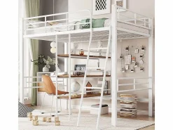 Cama entresuelo 90*200 cm, sin colchón, cama con escritorio, varios estantes, barandillas, escalera,^KOMHTOM Clearance