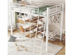 Cama entresuelo 90*200 cm, sin colchón, cama con escritorio, varios estantes, barandillas, escalera,^KOMHTOM Clearance