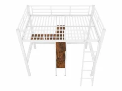 Cama entresuelo 90*200 cm, sin colchón, cama con escritorio, varios estantes, barandillas, escalera,^KOMHTOM Clearance