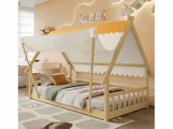 Cama individual 90 x 200 cm - Cama infantil con barrera y tienda de campaña - diseño de cabaña de madera - colchón no incluido^ Online