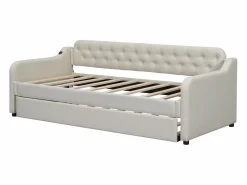 Merax Cama individual con sofá cama - 2 x 90 x 190 cm - Sofá cama con USB - Lino + MDF - Beige Best