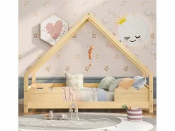 Merax Cama Montessori|Cama infantil - 90 x 200 cm - con protección anticaídas - madera maciza - natural