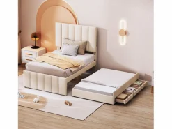 Hauss Spole Cama infantil acolchada 90x200 cm con cama nido 90x190 cm con cajones de almacenamiento, en lino, sin colchón, Beige Hot