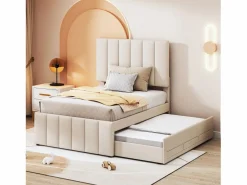 Hauss Spole Cama infantil acolchada 90x200 cm con cama nido 90x190 cm con cajones de almacenamiento, en lino, sin colchón, Beige Hot