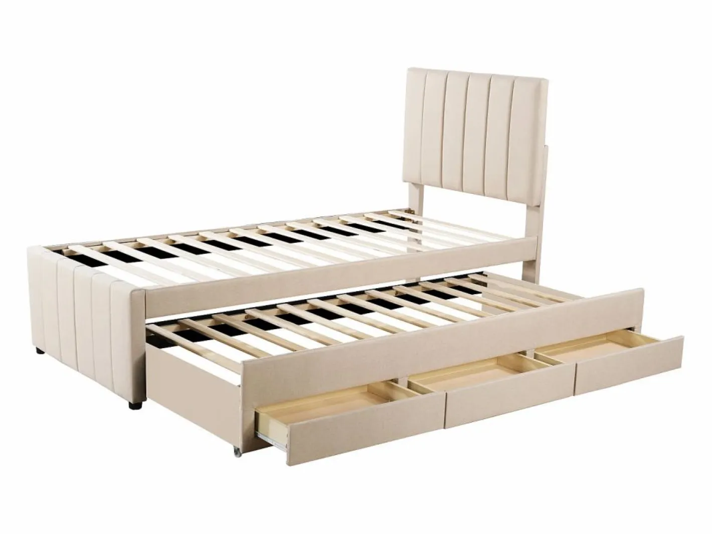 Hauss Spole Cama infantil acolchada 90x200 cm con cama nido 90x190 cm con cajones de almacenamiento, en lino, sin colchón, Beige Hot
