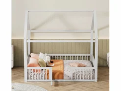Cama infantil blanca de 140 x 200 cm con puerta de seguridad y láminas de somier, sin colchón^OKWISH Best
