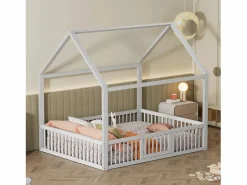 Cama infantil blanca de 140 x 200 cm con puerta de seguridad y láminas de somier, sin colchón^OKWISH Best