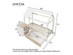 Cama infantil cabina - 90 x 200 cm - con 1 cajón + mesita de noche extraíble - cama de suelo - Pino + MDF - natural + blanco^Merax Hot