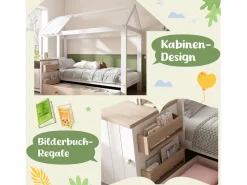 Cama infantil cabina - 90 x 200 cm - con 1 cajón + mesita de noche extraíble - cama de suelo - Pino + MDF - natural + blanco^Merax Hot