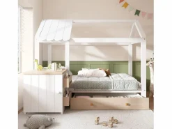 Cama infantil cabina - 90 x 200 cm - con 1 cajón + mesita de noche extraíble - cama de suelo - Pino + MDF - natural + blanco^Merax Hot