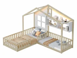 Merax Cama infantil cabina - 90 x 200 cm + 140 x 70 cm - con estantes - MDF + pino - Somier de láminas incluido - natural Color natural claro Best