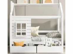 Cama infantil cabina 80x160 cm con somier de láminas - protección anticaídas 2 cajones de almacenaje - madera - (sin colchón) Blanco Discount