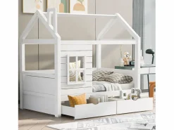 Cama infantil cabina 80x160 cm con somier de láminas - protección anticaídas 2 cajones de almacenaje - madera - (sin colchón) Blanco Discount