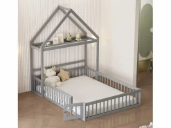 ModernLuxe Cama infantil cabina 140x200 cm de madera maciza - con barra para ropa - Gris Outlet