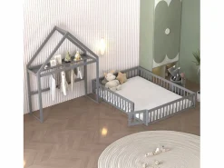 ModernLuxe Cama infantil cabina 140x200 cm de madera maciza - con barra para ropa - Gris Outlet