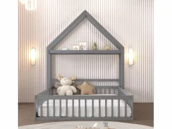 ModernLuxe Cama infantil cabina 140x200 cm de madera maciza - con barra para ropa - Gris Outlet