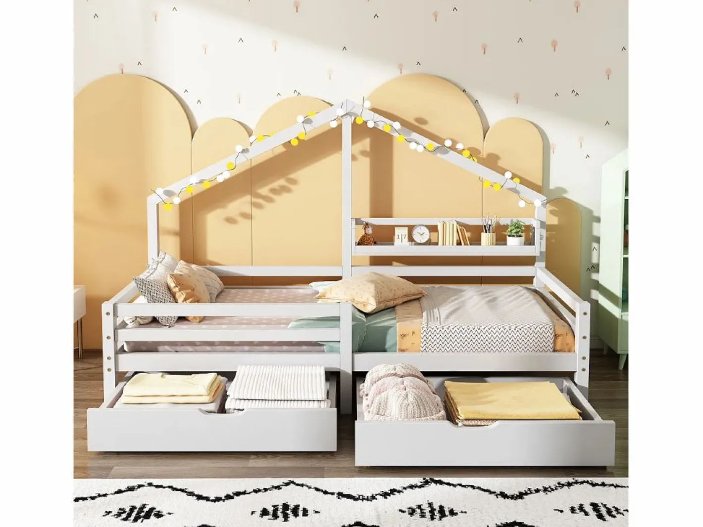 Cama Montessori|Cama infantil cabina 90x200 cm con somier de láminas - protección anticaídas, 2 cajones y balda de almacenaje - madera - (sin colchón)