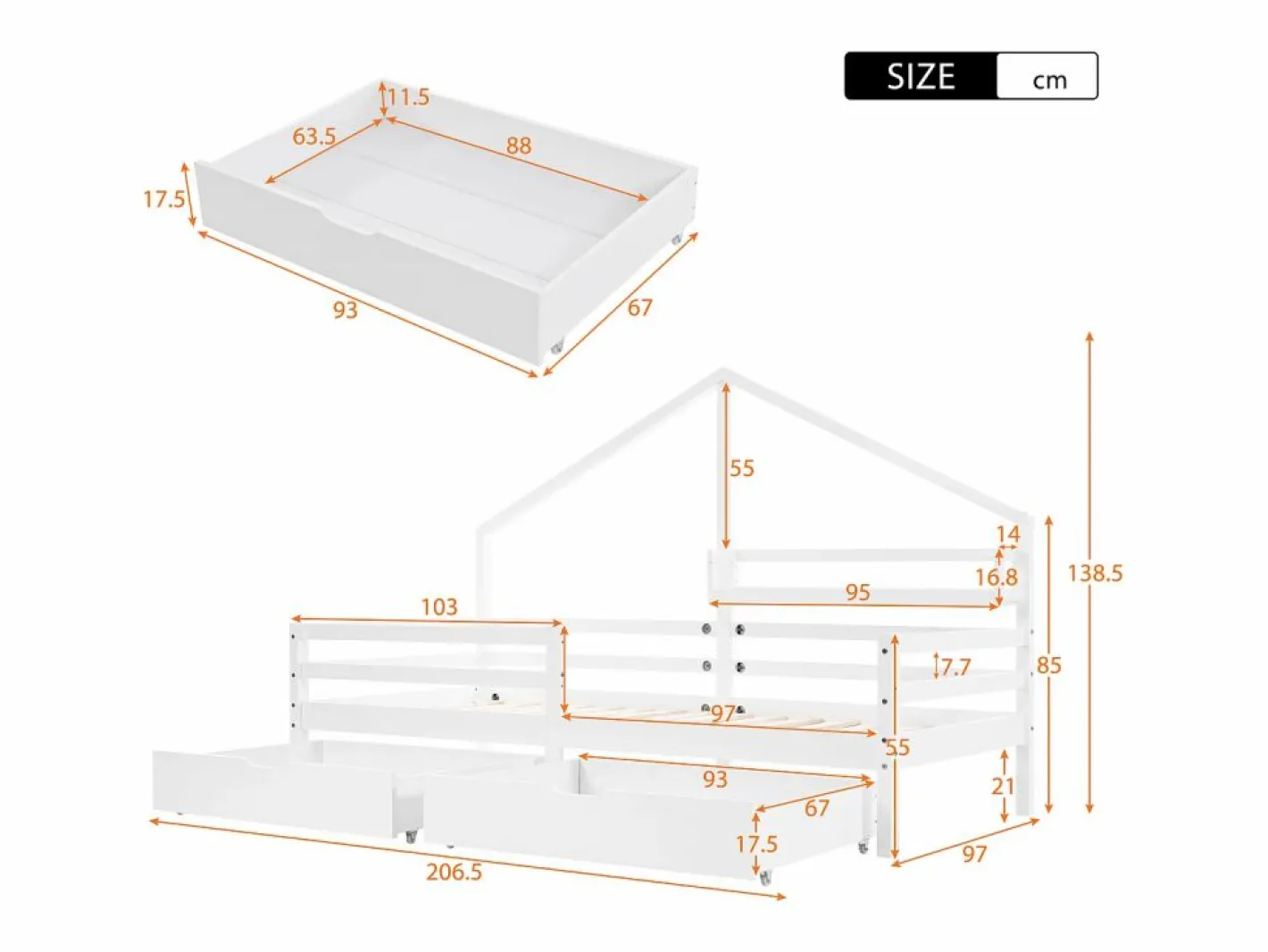 Cama Montessori|Cama infantil cabina 90x200 cm con somier de láminas - protección anticaídas, 2 cajones y balda de almacenaje - madera - (sin colchón)