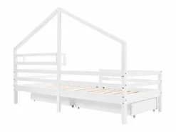 Cama Montessori|Cama infantil cabina 90x200 cm con somier de láminas - protección anticaídas, 2 cajones y balda de almacenaje - madera - (sin colchón)