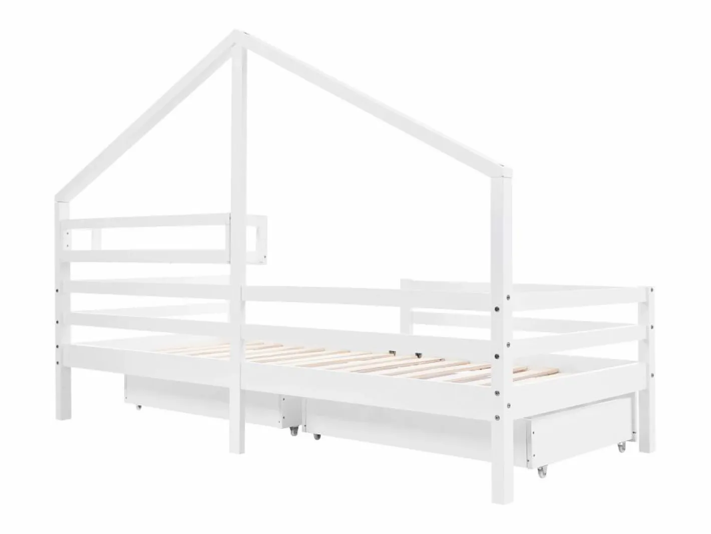 Cama Montessori|Cama infantil cabina 90x200 cm con somier de láminas - protección anticaídas, 2 cajones y balda de almacenaje - madera - (sin colchón)