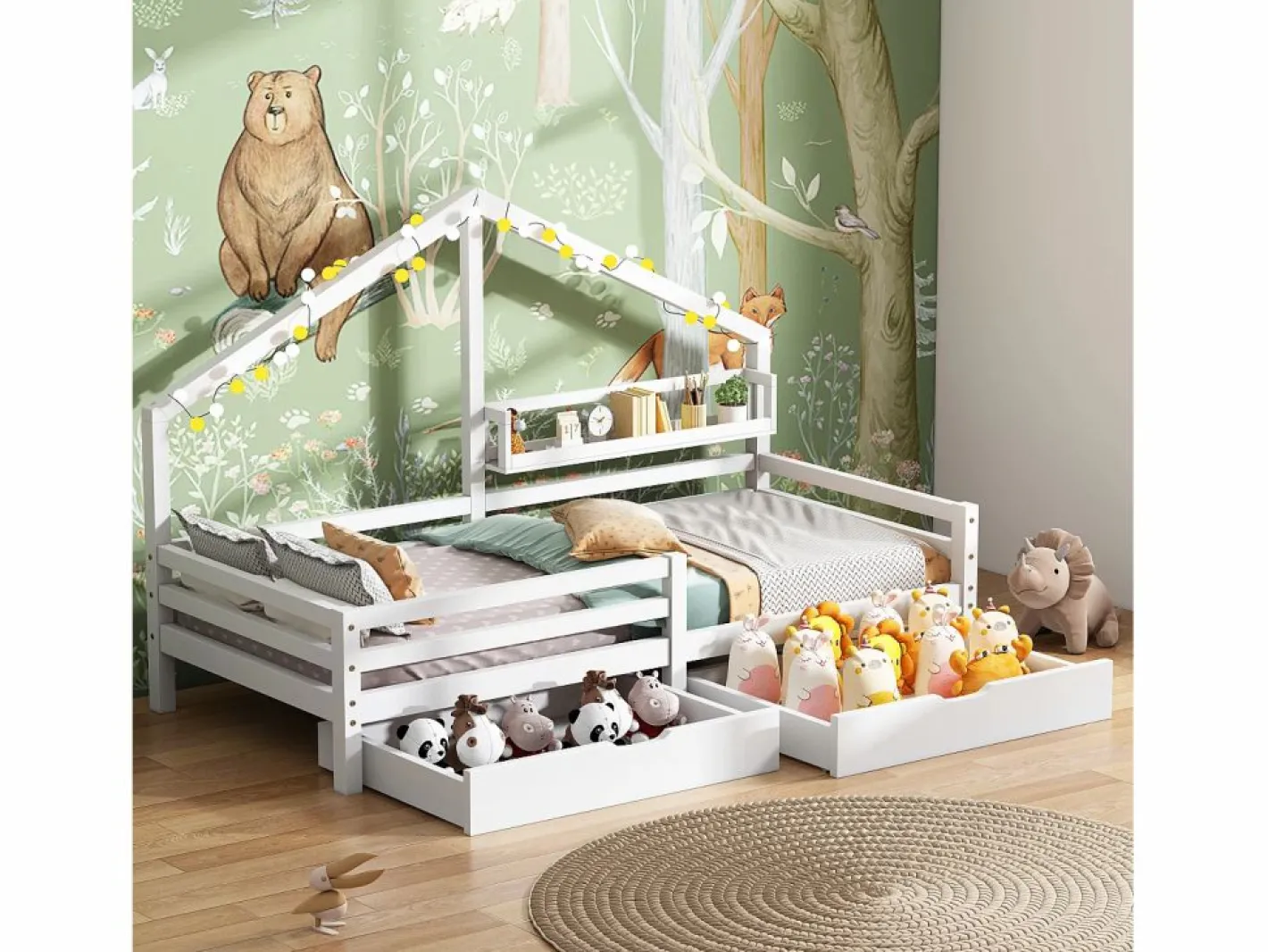 Cama Montessori|Cama infantil cabina 90x200 cm con somier de láminas - protección anticaídas, 2 cajones y balda de almacenaje - madera - (sin colchón)