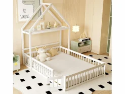 ModernLuxe Cama infantil cabina 140x200 cm de madera maciza - con barra para ropa - Blanco Discount