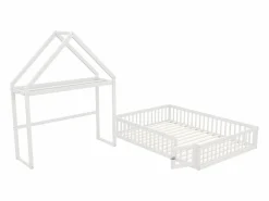 ModernLuxe Cama infantil cabina 140x200 cm de madera maciza - con barra para ropa - Blanco Discount