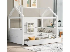 Cama infantil cabina 90x200 cm con somier de láminas - protección anticaídas 2 cajones de almacenaje - madera - (sin colchón)^