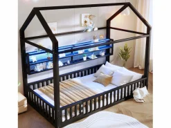 Hauss Spole Cama infantil cabina 90x200 cm con estantes de almacenaje e iluminación LED - Sin somier - Negro Discount