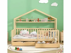 Cama Montessori|Cama infantil cabina 90x200cm con protección anticaídas - 2 cajones y balda de almacenaje - madera - natural (sin colchón)