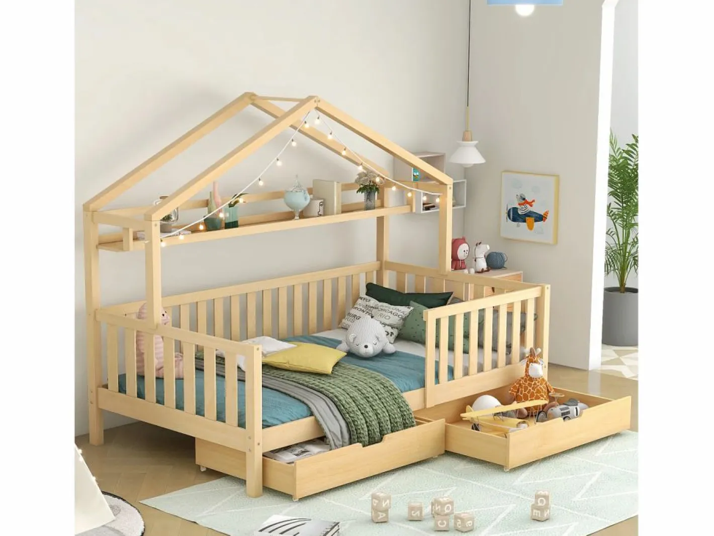 Cama Montessori|Cama infantil cabina 90x200cm con protección anticaídas - 2 cajones y balda de almacenaje - madera - natural (sin colchón)