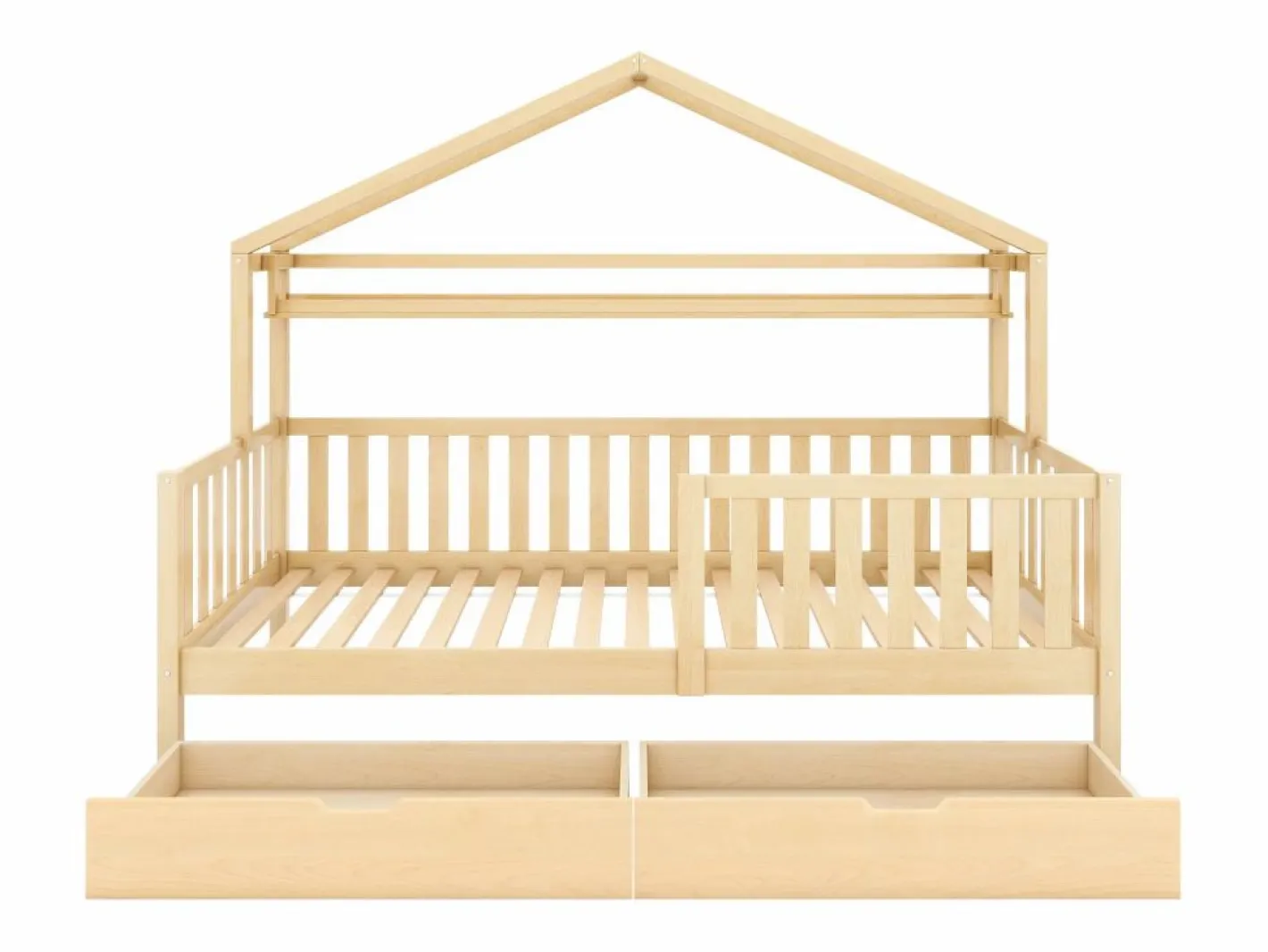 Cama Montessori|Cama infantil cabina 90x200cm con protección anticaídas - 2 cajones y balda de almacenaje - madera - natural (sin colchón)