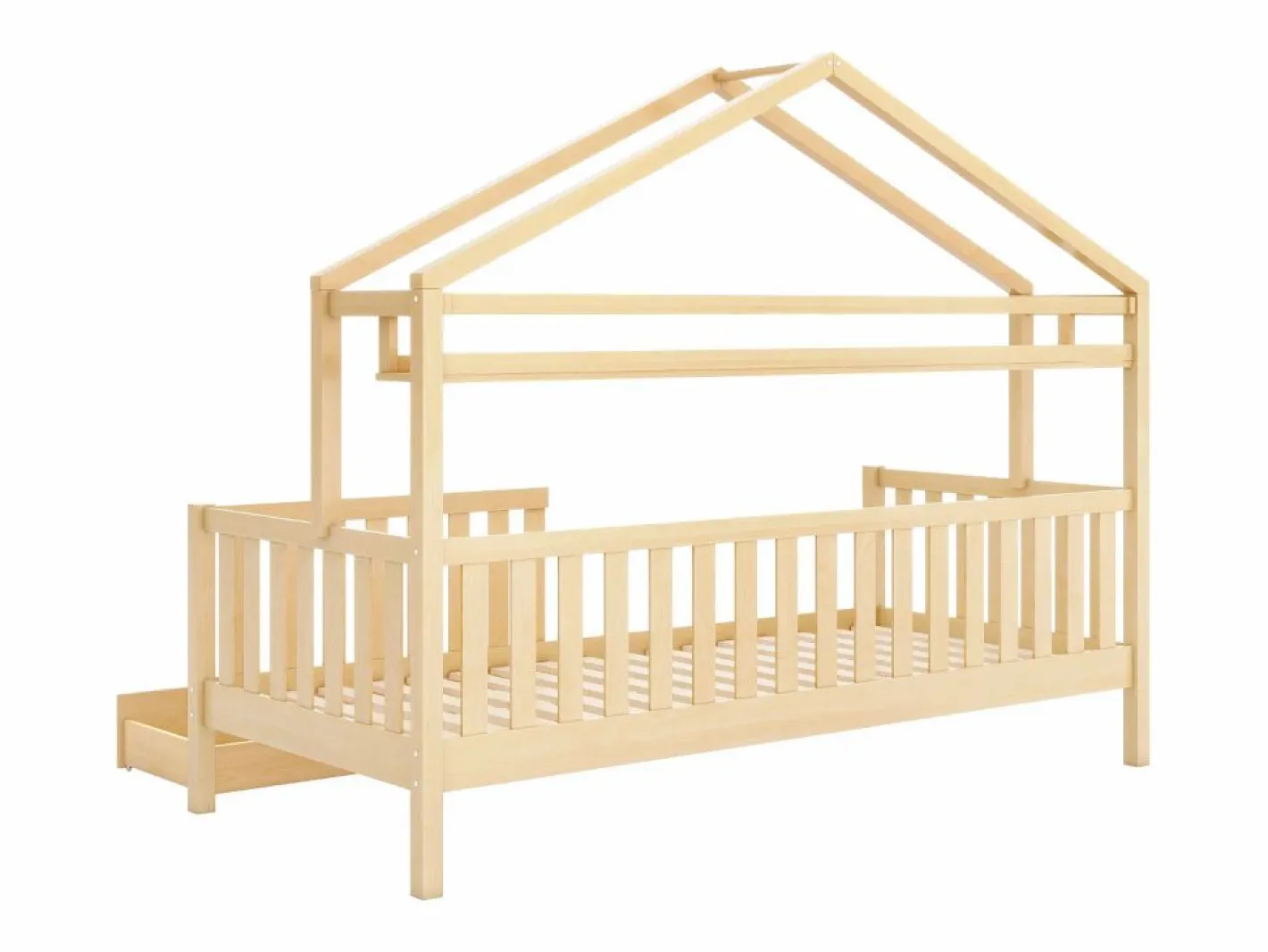 Cama Montessori|Cama infantil cabina 90x200cm con protección anticaídas - 2 cajones y balda de almacenaje - madera - natural (sin colchón)