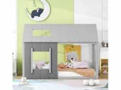 Cama infantil cabina 90x200cm con base, techo y ventana, madera, (sin colchón) Gris