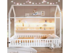 Merax Cama Montessori|Cama infantil con plataforma en forma de casa - 90 x 200 cm - con barandilla + LED + almacenaje - metal -
