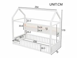 Merax Cama Montessori|Cama infantil con plataforma en forma de casa - 90 x 200 cm - con barandilla + LED + almacenaje - metal -