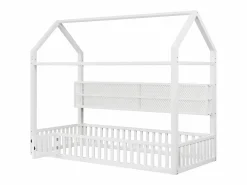 Merax Cama Montessori|Cama infantil con plataforma en forma de casa - 90 x 200 cm - con barandilla + LED + almacenaje - metal -