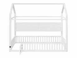 Merax Cama Montessori|Cama infantil con plataforma en forma de casa - 90 x 200 cm - con barandilla + LED + almacenaje - metal -