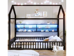 Merax Cama infantil con plataforma en forma de casa - 90 x 200 cm - con barandilla + LED + almacenaje - metal - Negro Outlet