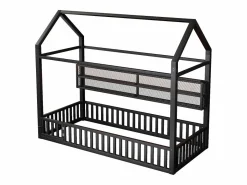 Merax Cama infantil con plataforma en forma de casa - 90 x 200 cm - con barandilla + LED + almacenaje - metal - Negro Outlet