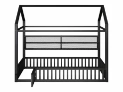 Merax Cama infantil con plataforma en forma de casa - 90 x 200 cm - con barandilla + LED + almacenaje - metal - Negro Outlet