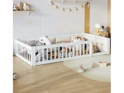 Cama infantil con plataforma - 90 x 200 cm - con barandilla - con somier de láminas - madera + MDF -^Merax Hot