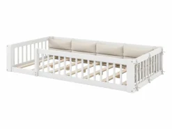 Cama infantil con plataforma - 90 x 200 cm - con barandilla - con somier de láminas - madera + MDF -^Merax Hot