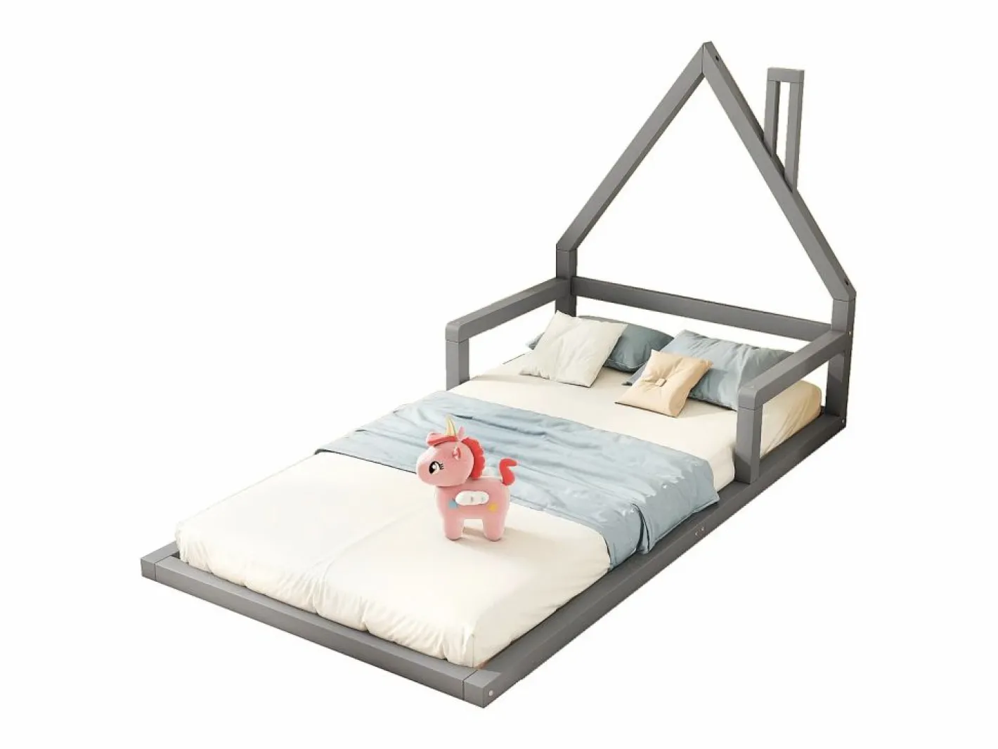 Cama infantil de 90 x 200 cm, cuna con forma de casa, pino macizo, estilo sencillo,^Merax Clearance