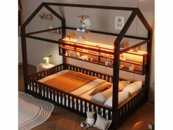 ModernLuxe Cama infantil de metal 90x200 cm - Motivo de casa - con barrera de seguridad - con luces LED - ​ (Colchón no incluido) Negro