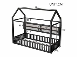 ModernLuxe Cama infantil de metal 90x200 cm - Motivo de casa - con barrera de seguridad - con luces LED - ​ (Colchón no incluido) Negro